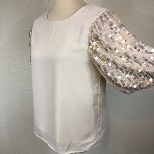 On Twelfth Silver‎ Sequin Bubble Sleeve Blouse Top Shirt Sz S
